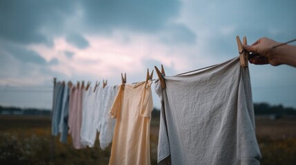 Clothes drying on a line during a cloudy evening in the countryside.