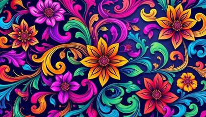 Intricate, swirling floral design in vibrant jewel tones, perfect for textile prints,  retro,  intricate