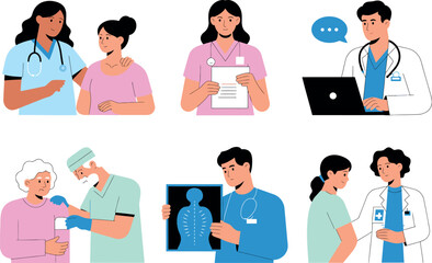 A collection of illustrations depicting doctors and nurses interacting with patients in various scenarios