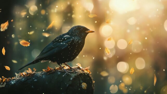 A small black bird with a yellow beak perched on a fallen log in a forest, with falling autumn leaves around it and a soft, golden, bokeh background.