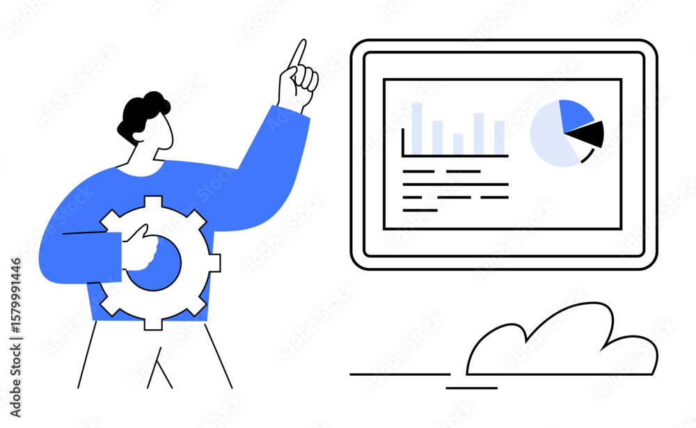 Poster male character holds gear and points to data charts on screen with bar graph and pie chart. ideal fo