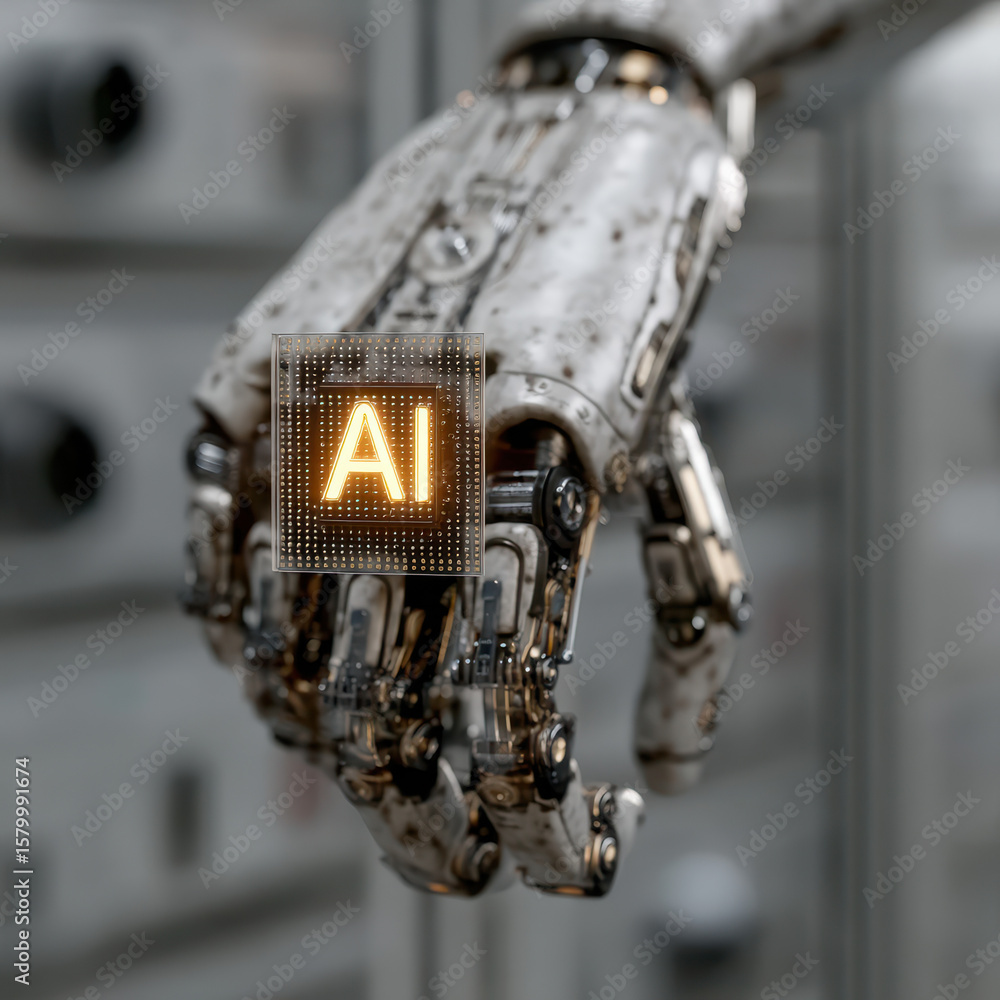 Poster robotic hand securely holding glowing ai chip in high-tech glass case with surveillance features and