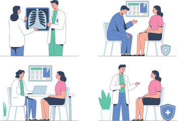 Four illustrations showing doctors consulting with patients and reviewing x rays in a clinic setting