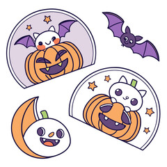 Fototapeta premium Illustration of halloween themed stickers featuring pumpkins, bats, and cute white cats with stars