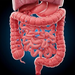 A human colon with polyps and abnormal tissue growth, symbolizing colorectal cancer.	
