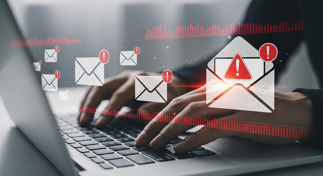 Person typing on laptop with digital email icons and warning alerts overlay - Powered by Adobe