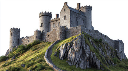 Fototapeta premium 3d flat illustration of a small Ireland castle on a green hill. isolate on white background.