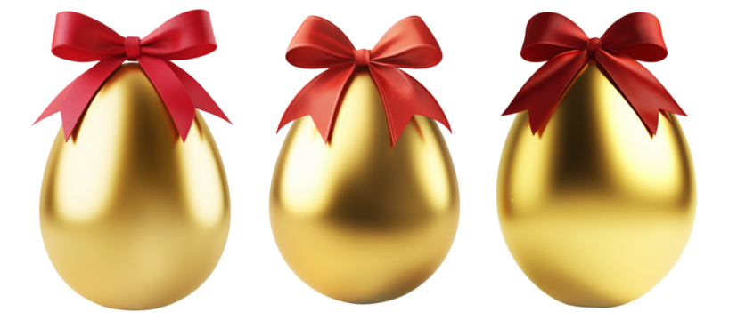 Golden Easter egg with red bow on top, isolated on white transparent background. Symbol of luxury, celebration, and holiday festivity