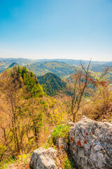 Hiking to peak Tri Koruny or Trzy Korony during day. Pieniny National park in Poland. View from the lookout at the top © Zedspider