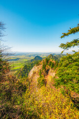 Hiking to peak Tri Koruny or Trzy Korony during day. Pieniny National park in Poland. View from the lookout at the top