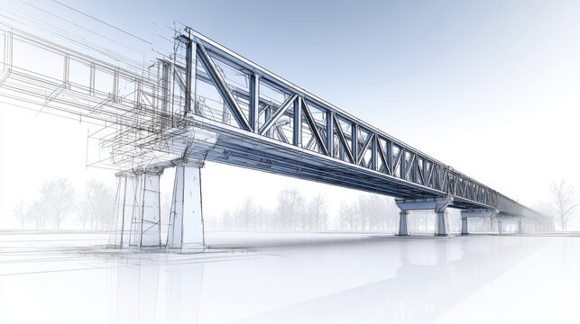 A modern structural blueprint for a pedestrian bridge deck combined with a dynamic chalk-style sketch showing modular panel lifting and placement sequence over water. isolate on white background.