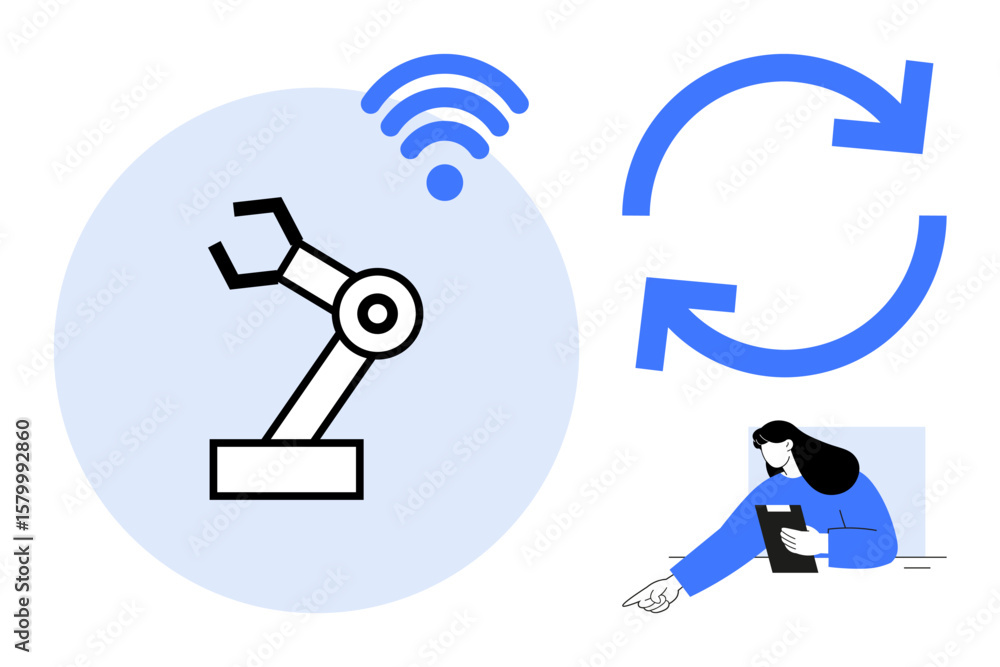 Poster robotic arm with wireless connectivity, synchronization arrows, and a user operating a tablet. ideal