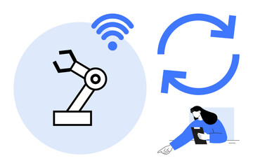 Robotic arm with wireless connectivity, synchronization arrows, and a user operating a tablet. Ideal for automation, technology, IoT, robotics, innovation industry 4.0 and simple landing page