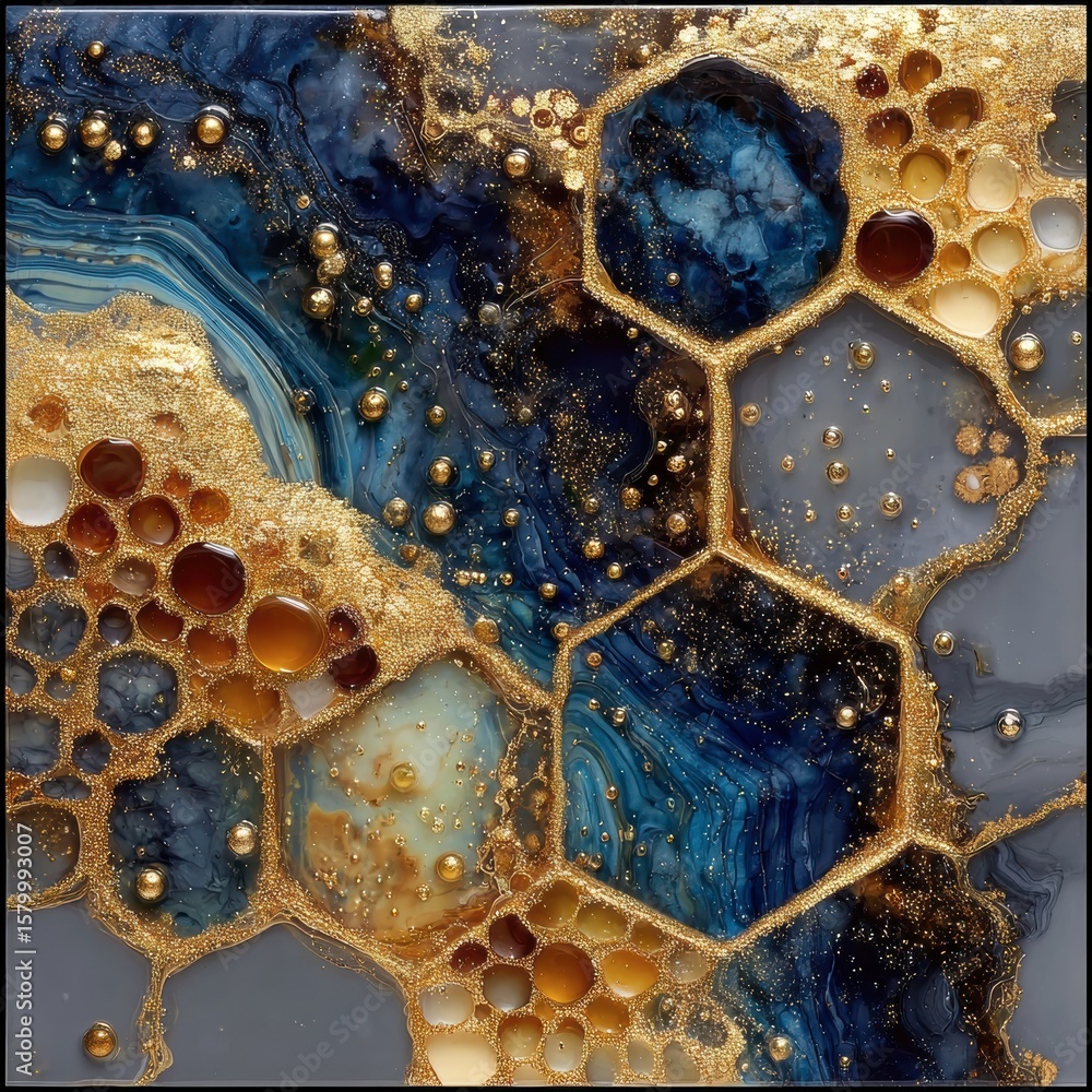 Poster abstract honeycomb in blue,gold,and grey: a close-up abstract design featuring blue and grey colors 