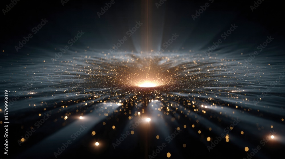 Poster celestial convergence: a mesmerizing visual of light radiating outward, emanating from a central, lu