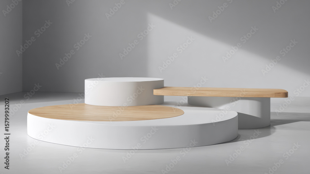 Fototapete 3d rendering of three podiums with wooden tops and white surfaces. on grey background in a minimalis