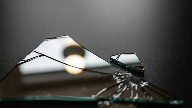Broken Mirror Fragment on Floor Catching Light and Ceiling Reflection
