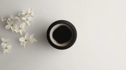 A black coffee cup with white blossoms on a white background