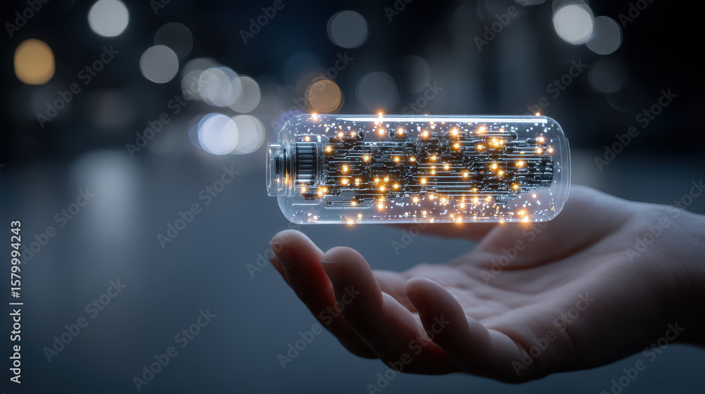 Poster holding a futuristic transparent chip filled with glowing nanobots in a macro shot against a dreamy 