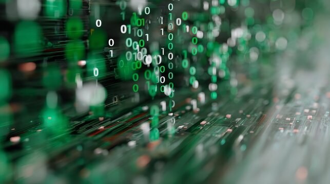 Closeup of glowing binary code floating over intricate circuit board background creating a hightech digital atmosphere with a focus on technology and innovation