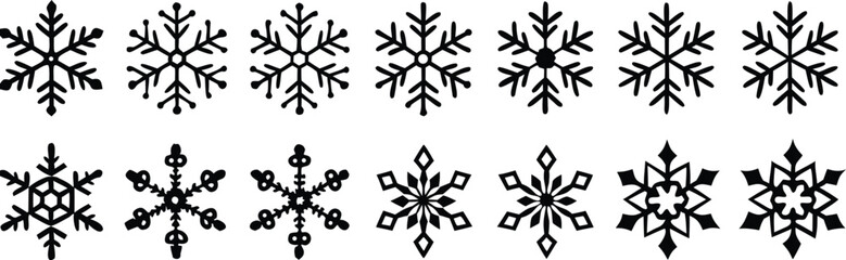 Set of Twelve Unique Black Snowflake Vector Designs on White Background for Winter and Holiday Themes


