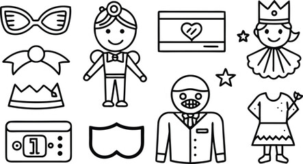 Minimalist Black and White Party Icon Set Featuring Prince, Princess, Mask, Crown, Sunglasses, Ticket, Bow Tie, and Celebration Elements in Line Art Style

