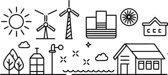 Minimalist Eco-Friendly Cityscape Vector Illustration Featuring Wind Turbines, Greenhouse, Solar Energy, and Sustainable Buildings in Clean Black and White Line Art Style