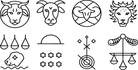 Minimalist Zodiac Symbols Vector Collection in Line Art Style Featuring Animals and Abstract Astrology Icons

