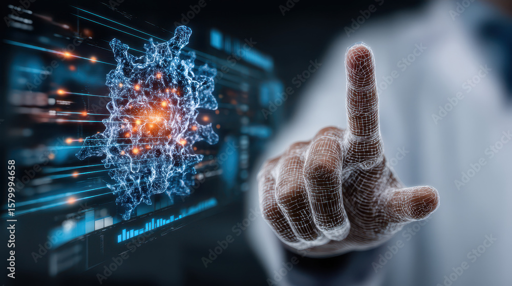 Poster scientists explore immune system interactions using 3d holographic models in a high-tech laboratory