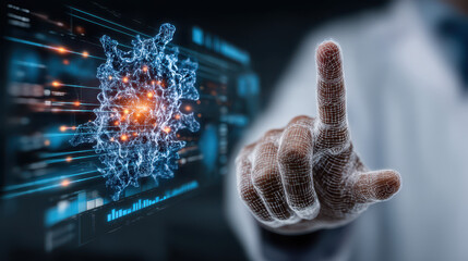 Scientists explore immune system interactions using 3D holographic models in a high-tech laboratory