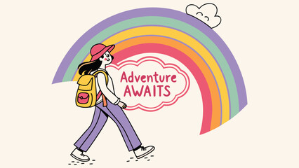 Fototapeta premium Illustration of a girl with a backpack walking under a rainbow with a cloud and adventure awaits text