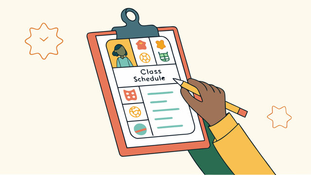 Illustration of a hand holding a pencil writing on a class schedule on a clipboard with icons and stars