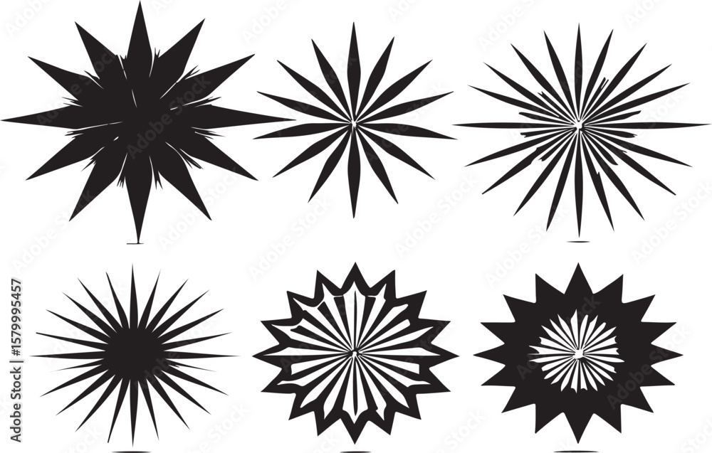 Poster six abstract starburst designs arranged in a two by three grid format