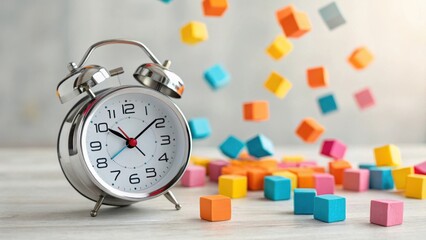 Retro alarm clock with colorful falling blocks symbolizing time passing and childhood fun