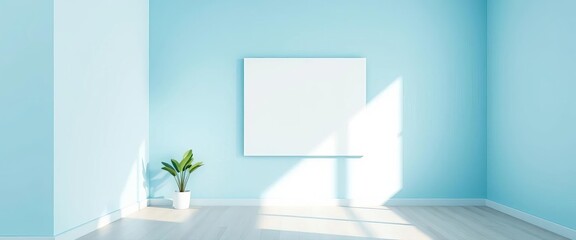 Light blue walls, blank canvas, minimalist room, single plant,  art,  houseplant