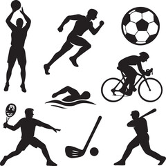 Sports and Athletics Icon Set Sports, athlete, basketball, running, soccer, cycling, swimming, tennis, golf, baseball, physical activity, recreation, fitness Silhouette Vector Art.