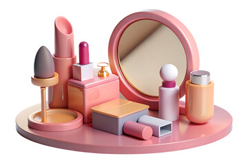 Elegant arrangement of pink and gold beauty products with a mirror and makeup tools isolated on transparent background