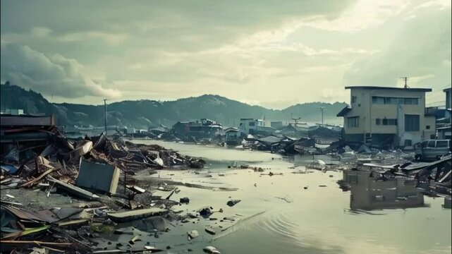 City destroyed street flooded after massive nature floods and natural big rains, abstract vivid composition consists of fictional unreal fantastic vision on background