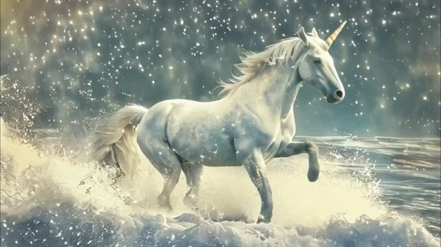 Beautiful mythological pink unicorn with big long horn, abstract vivid composition consists of fictional unreal fantastic vision on background