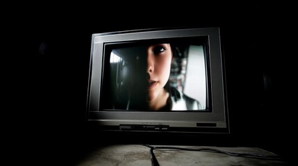 Fototapeta premium Closeup of a woman's face illuminated by retro monitor glow highlighting mystery, nostalgia, contrast, vintage technology, introspection, dark environment, focus, emotion, solitude, reflections, indi