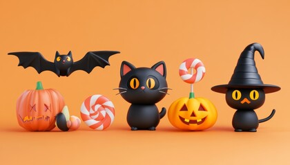 Halloween cute 3D character elements set with black witch cat, flying vampire bat, smiling jack-o'-lantern, candy, and wizard hat