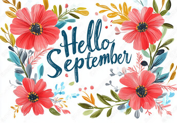 “Hello September” lettering surrounded by delicate hand-drawn floral and botanical design elements. This vector illustration features intricate flowers, leaves, and natural motifs in a whimsical, arti