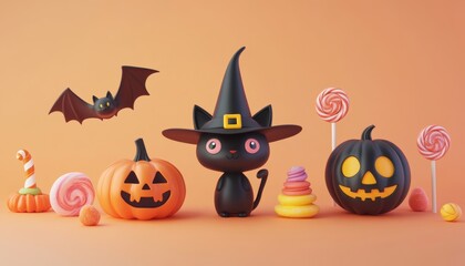 Halloween cute 3D character elements set with black witch cat, flying vampire bat, smiling jack-o'-lantern, candy, and wizard hat