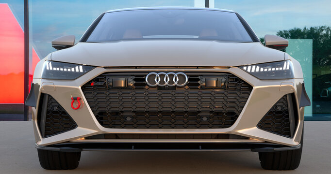 Audi RS7 Sportback in front of Audi showroom