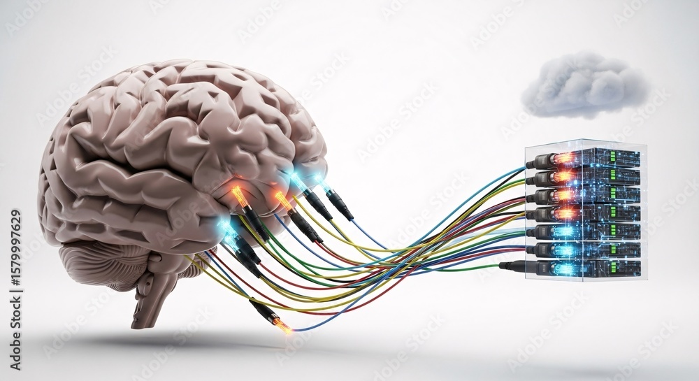 Poster human brain connected to digital server infrastructure and cloud computing network - ai, big data, t