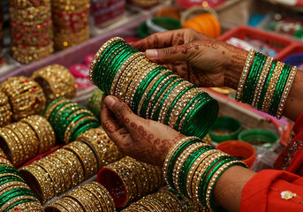 Woman’s Hands Sorting Sparkling Green Glass Bangles at Festive Market Stall with Henna