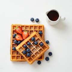 Classic Belgian Waffles dusted with powdered sugar and topped with fresh berries (strawberries, blueberries), next to a small pitcher of maple syrup on a white background