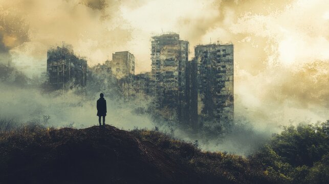A solitary figure stands on a hilltop overlooking a ruined cityscape shrouded in mist, conveying a sense of desolation and uncertainty.