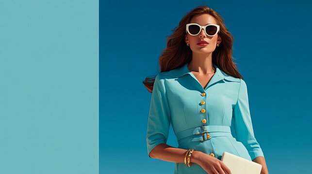 Woman in a pale blue dress with buttons and belt