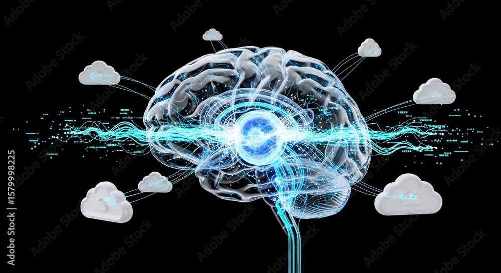 Poster conceptual ai brain connecting to cloud network - digital technology data transfer illustration
